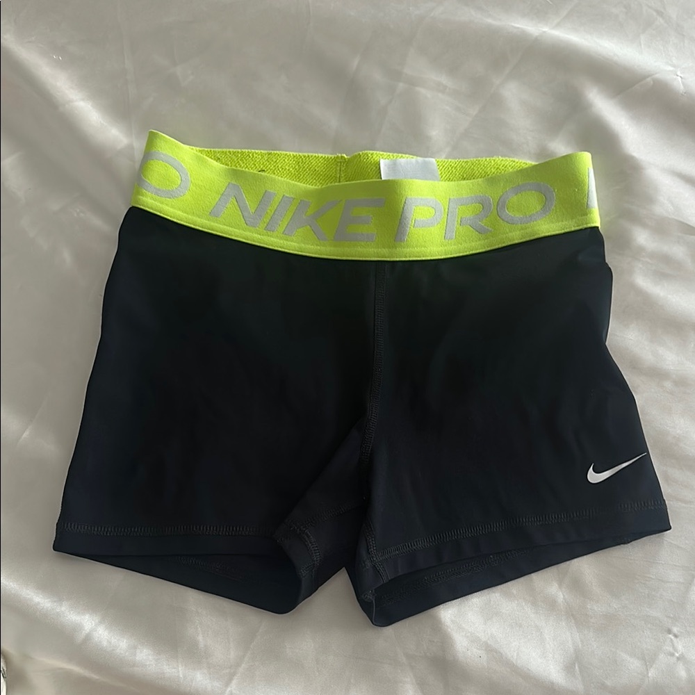 Nike Women's Black Shorts with Neon Green Waistband